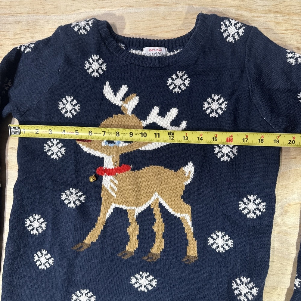 Rudolph Reindeer Ugly Sweater Christmas M Cotton Blend Snowflakes 100% Poof Blue - Picture 5 of 7